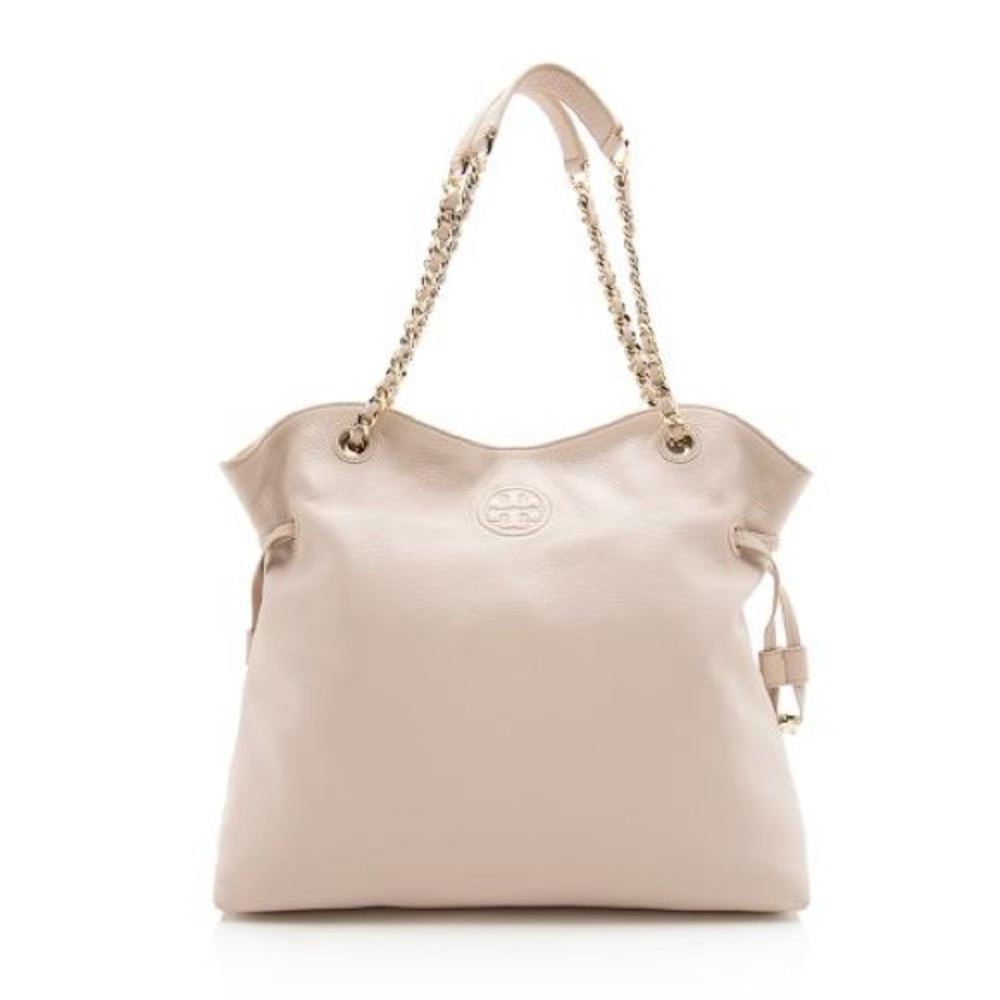 Tory Burch Leather Marion Slouchy Tote Handbag Natural Nude